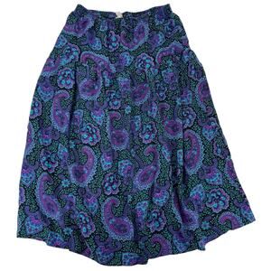 New Name In Town Vintage Paisley Rayon Midi Skirt Purple Blue Black Medium Women
